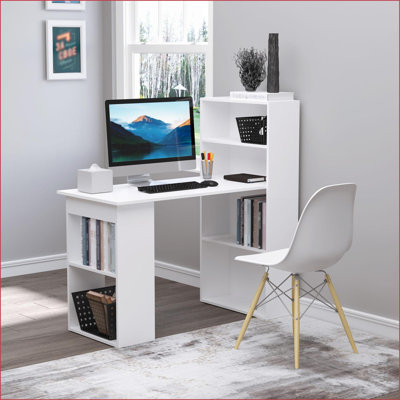 Desks, 47” Modern Home Office Writing Table with 6-Tier Storage Shelves | White | Engineered Wood