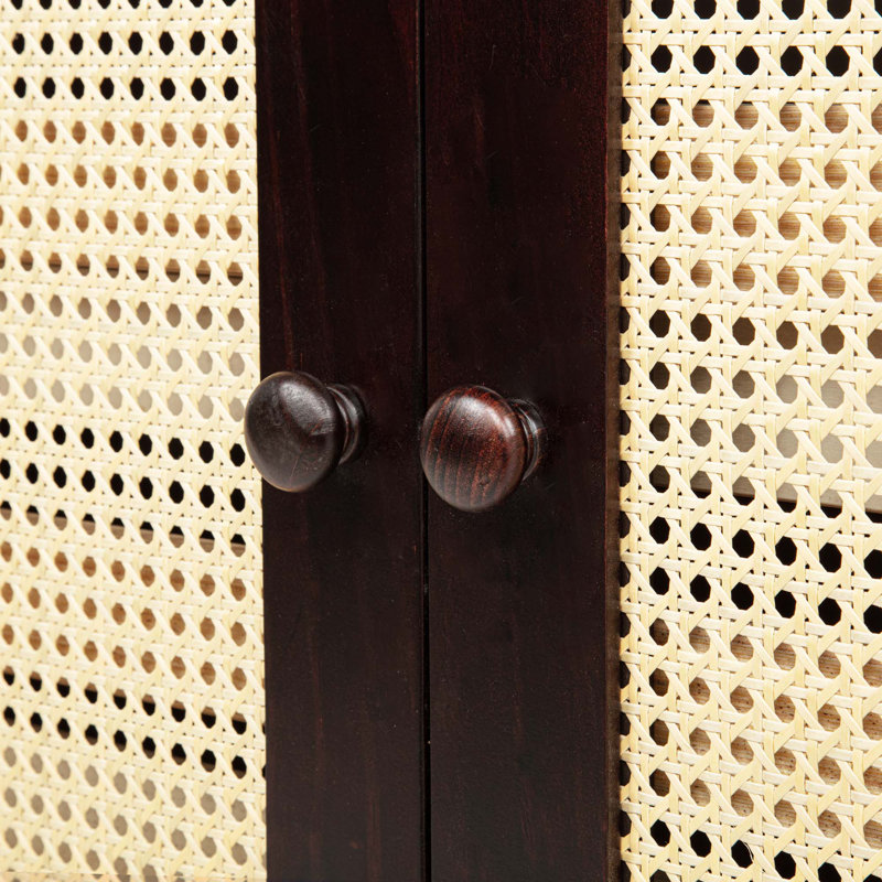 Grand lit escamotable, armoire-lit en bois de pin avec centrale électrique et panneau de décoration en rotin, Espresso