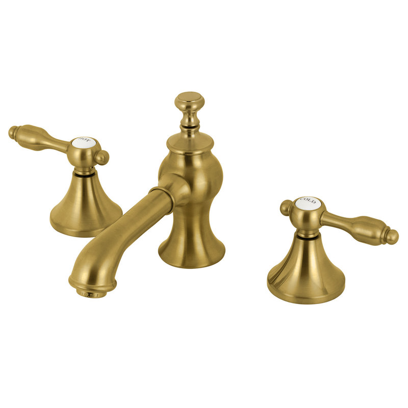 Kingston Brass Tudor Two-Handle 3-Hole Deck Mount Widespread Bathroom Faucet with Brass Pop-Up Drain, Satin Brass