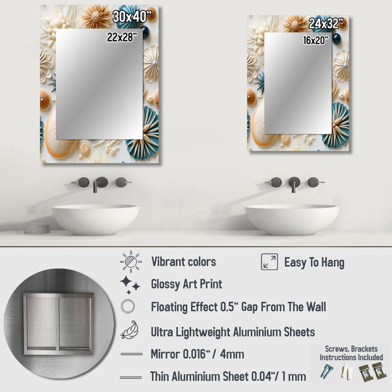Hawa Coastal Neutrals Boho Collage - Coastal Wall Mirror, Nautical Decorative Mirror, Printed Metal Art, 32" x 24"