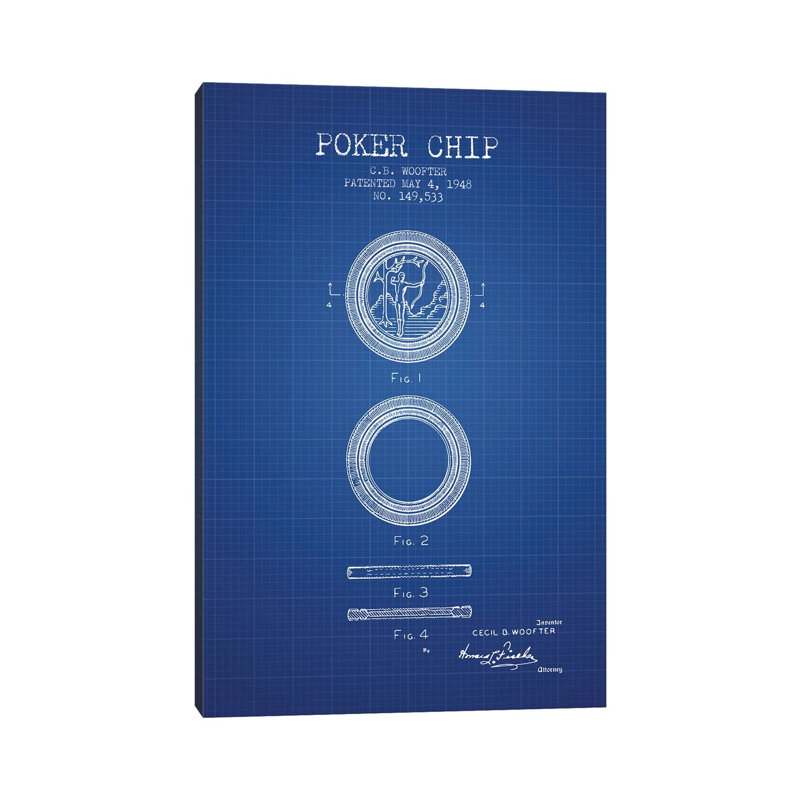 C.B. Woofter Poker Chip Patent Sketch (Blue Grid) by Aged Pixel - Wrapped Canvas Painting, 20.32 cm H x 30.48 cm W