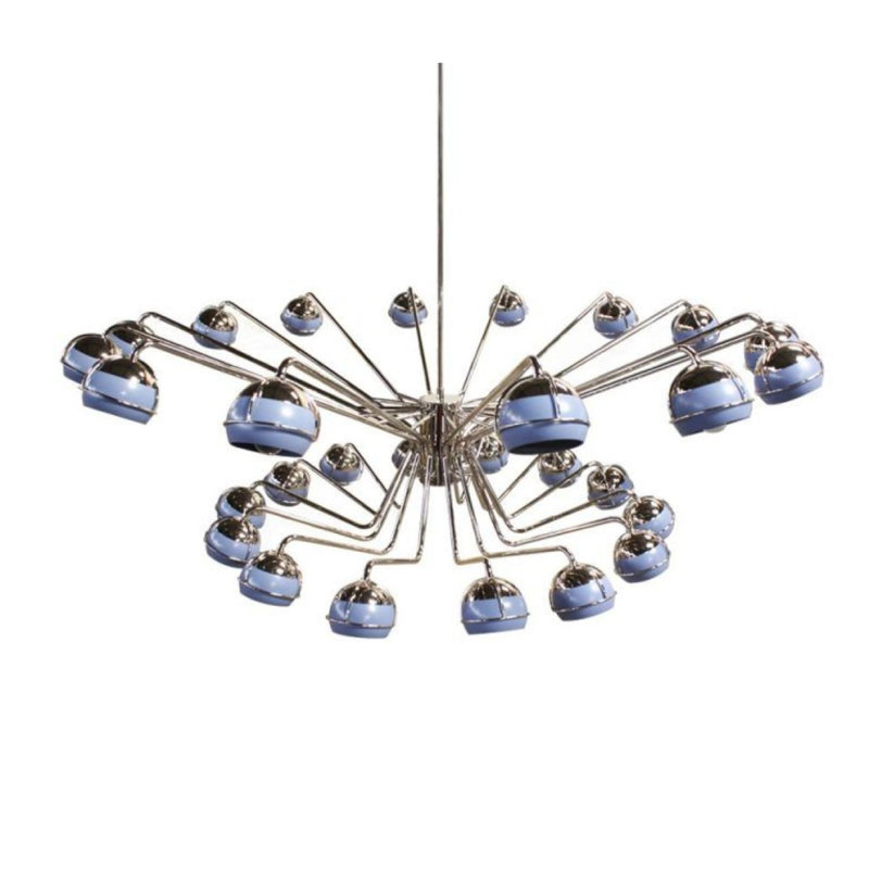 Lustre suspendu 14 lumières à intensité variable, Bleu, Nickel poli, 70" Diameter x 27" Height