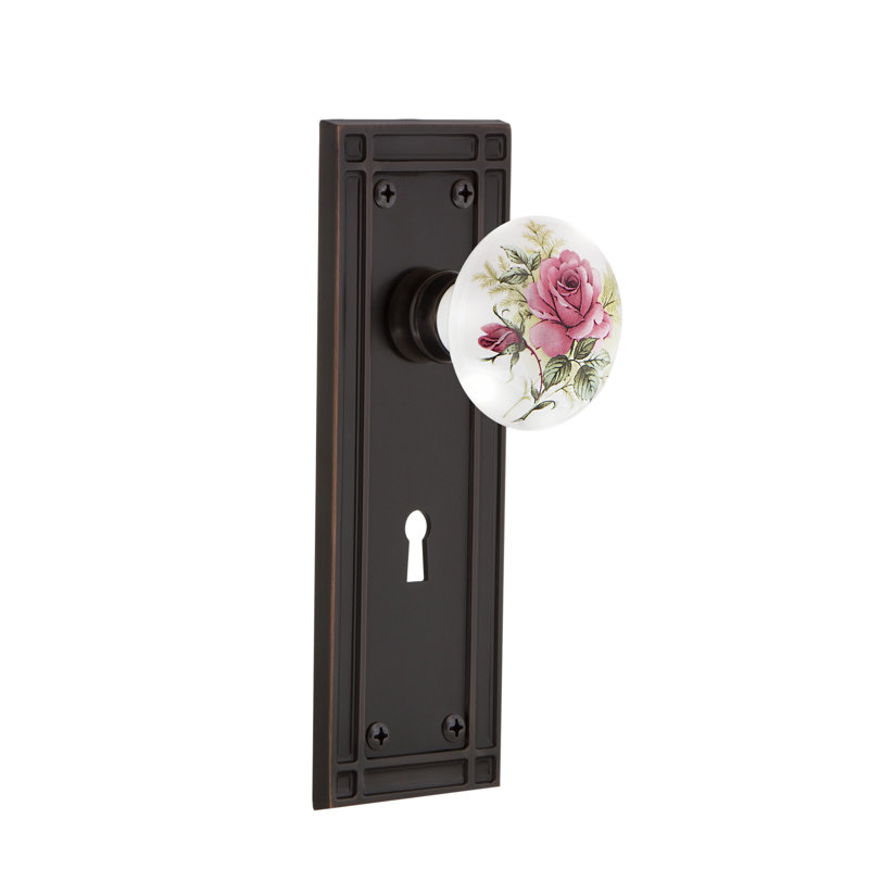 Mission Plate with Decorative Keyhole and White Rose Porcelain Door Knob, Timeless Bronze