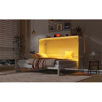Grand lit escamotable grand avec lumière DEL et armoire pliable, conception peu encombrante pour les petites pièces et les espaces polyvalents (matelas non inclus)