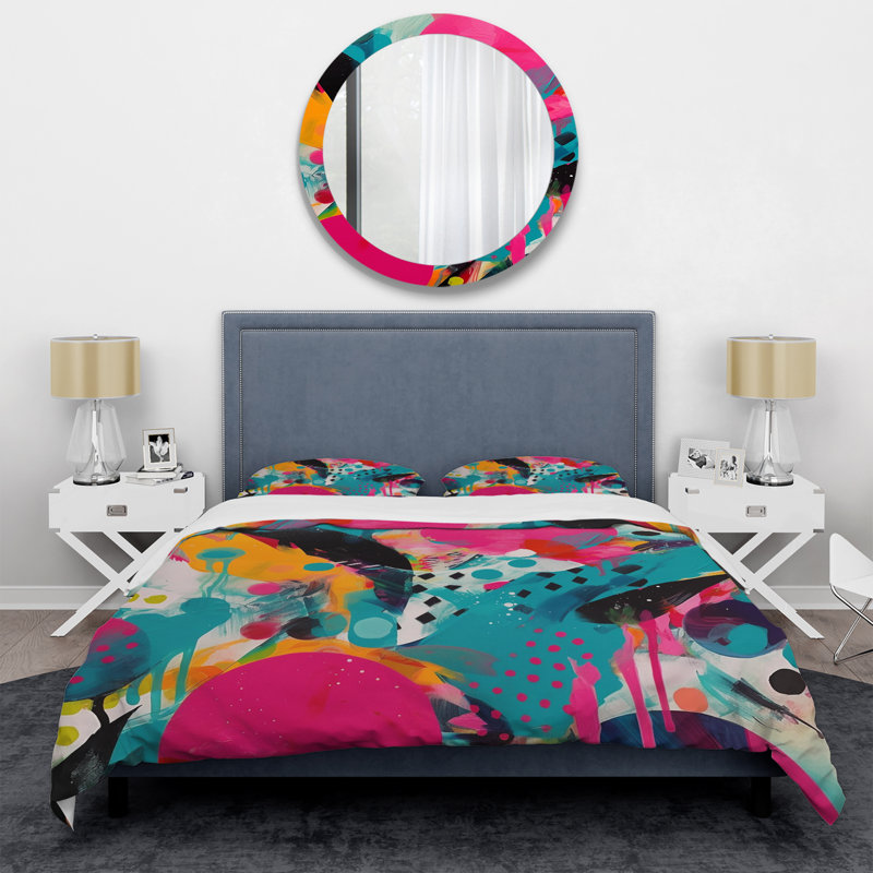 Ensemble de housse de couette abstraite rose et turquoise Enigma I, Housse de couette pour grand lit et 2 taies décor
