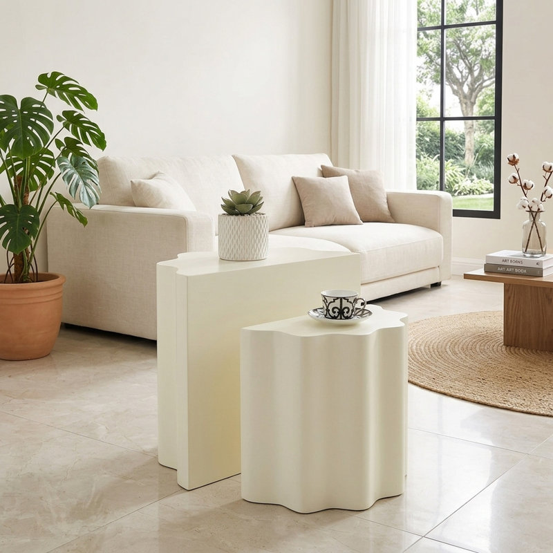 Ensemble de tables d'appoint 2 pièces à rebord ondulé moderne de 22,05 po avec assemblage durable en fibre de verre