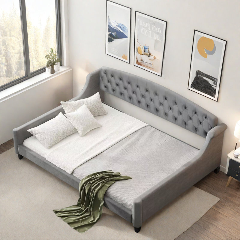 Modern Daybed With Tufted Button And Solid Legs, Grey