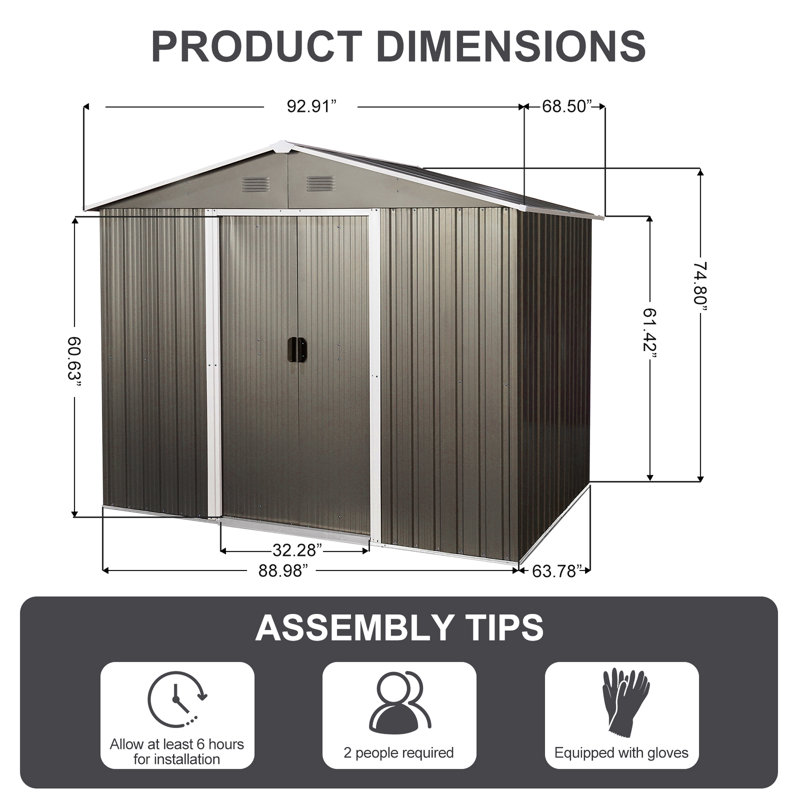 8Ft X 6Ft Metal Shed, Gray - Galvanized Iron Build Corrosion & Functional Storage Option Shed With Foundation Gray, Steel To Extreme Weather
