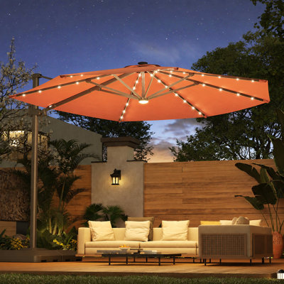 11' Patio Cantilever Umbrella with Wind-Vent, 240g Solution-Dyed Fabric, Solar LED Lights and Weighted Base Included