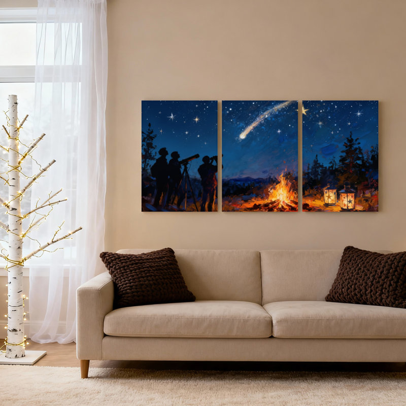 Ensemble de 3 toiles murales « Ciel étoilé avec météore et feu de camp » pour salon, chambre ou espace extérieur.