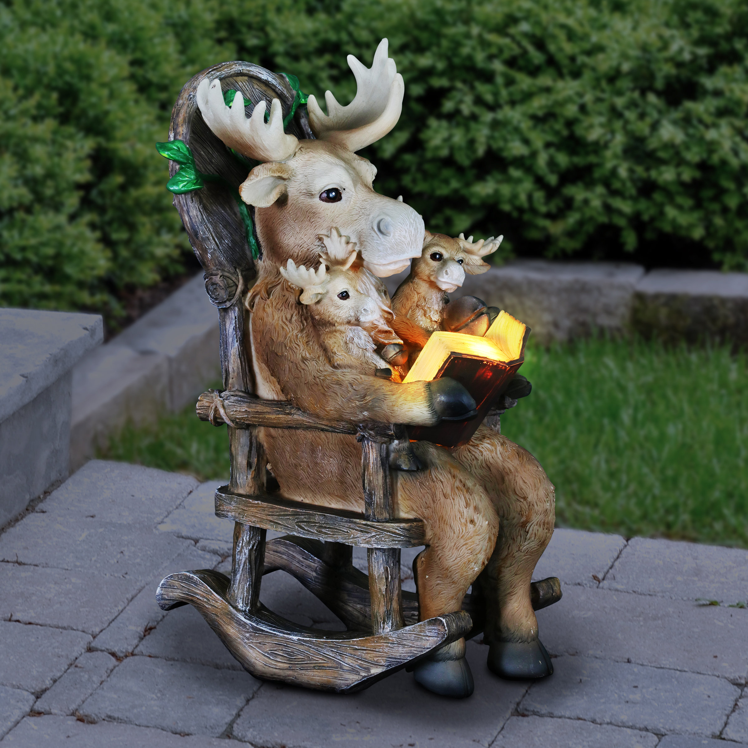 Exhart Kinetic Garden Stake with Three Roses Metallic Solar Moose ...