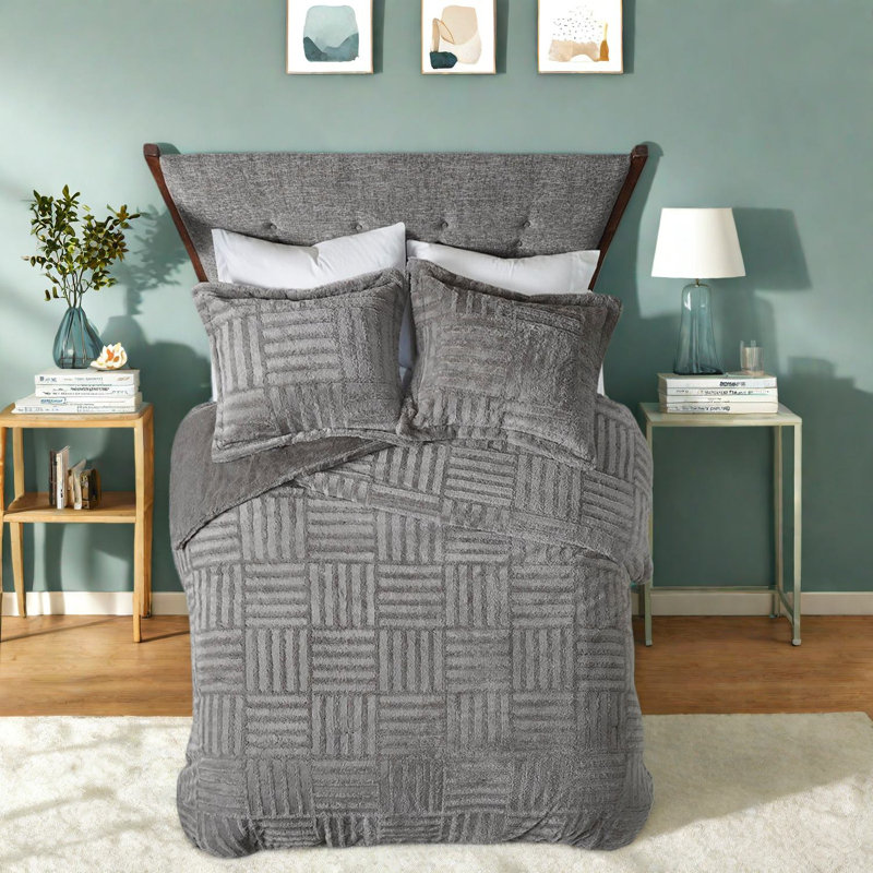 Premium Faux Fur Bedding Sets, Gray Comforter With Hypoallergenic Fill