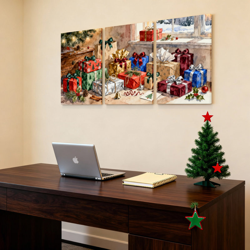 Ensemble de 3 boîtes-cadeaux de Noël et décorations de fêtes sur toile tendue, H 18 po x l 36 po