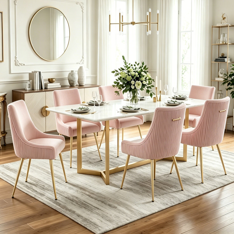 Velvet Upholstered Side Chair With Gold Legs , Pink, Gold