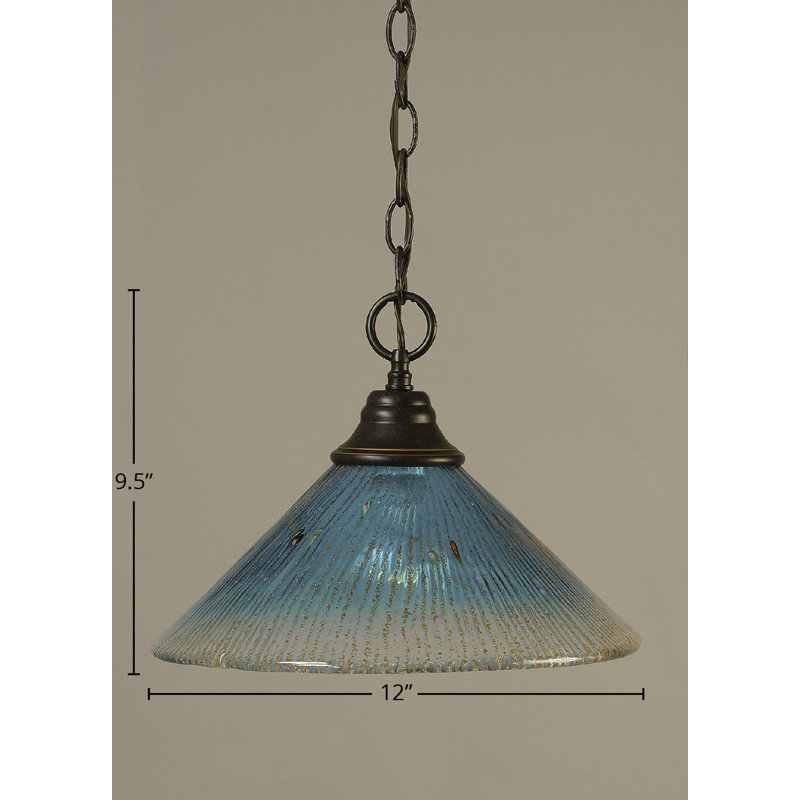 Chain Hung Pendant With 12" Teal Crystal Glass, Dark Granite