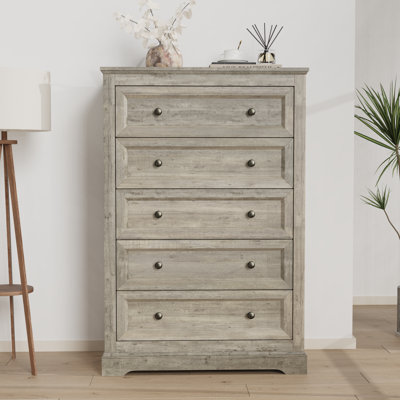 Commode 5 tiroirs Farmhouse, organisateur de tiroir de rangement avec poignée en métal, commodes en bois pour la chambre à coucher