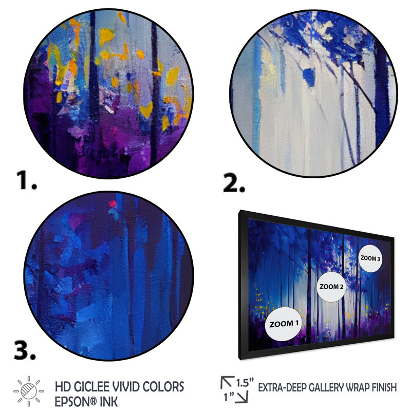 «Blue Trees at Dawn in the Forest II», reproduction sur toile, H 12 po x l 20 po x P 1 po, Cadre photo noir