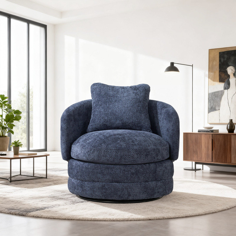 Fauteuil demi-tonneau pivotant 30 po avec revêtement en chenille et coussin de soutien, Marine
