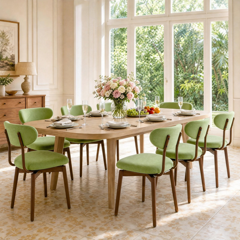 Ensemble en coton et lin avec chaises de salle à manger en bois à dossier incurvé (lot de 8), Sand