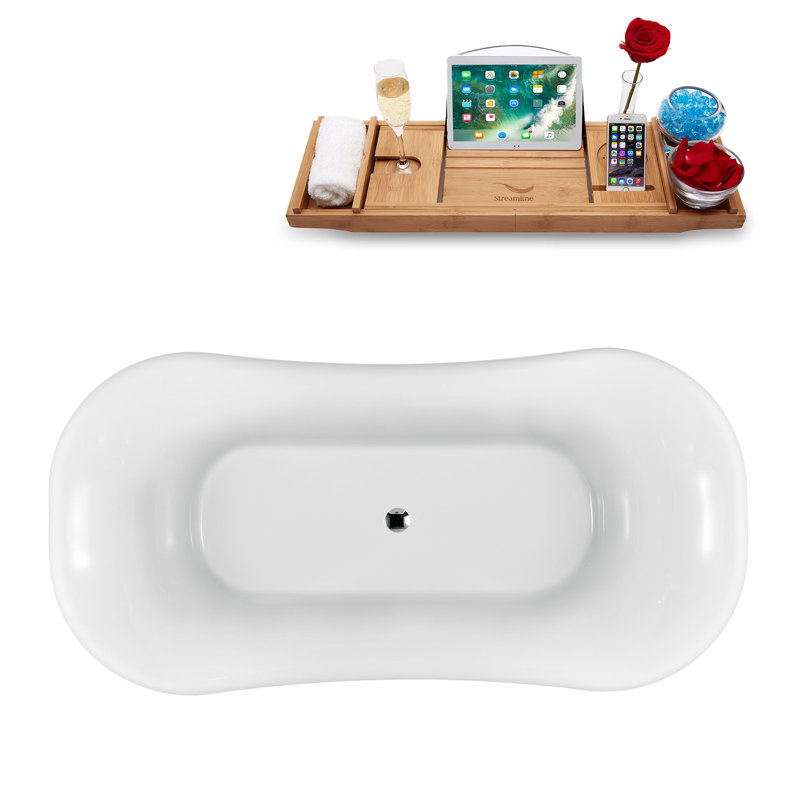 Baignoire de trempage sur pattes 68 "avec drain, pattes et plateau en bambou 68" Streamline, Blanc brillant, Chrome poli