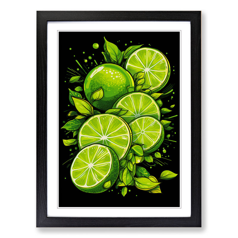 Lime Fruit Line - Single Picture Frame Print on Wood, 64cm H x 46cm W x 2cm D, Black Framed