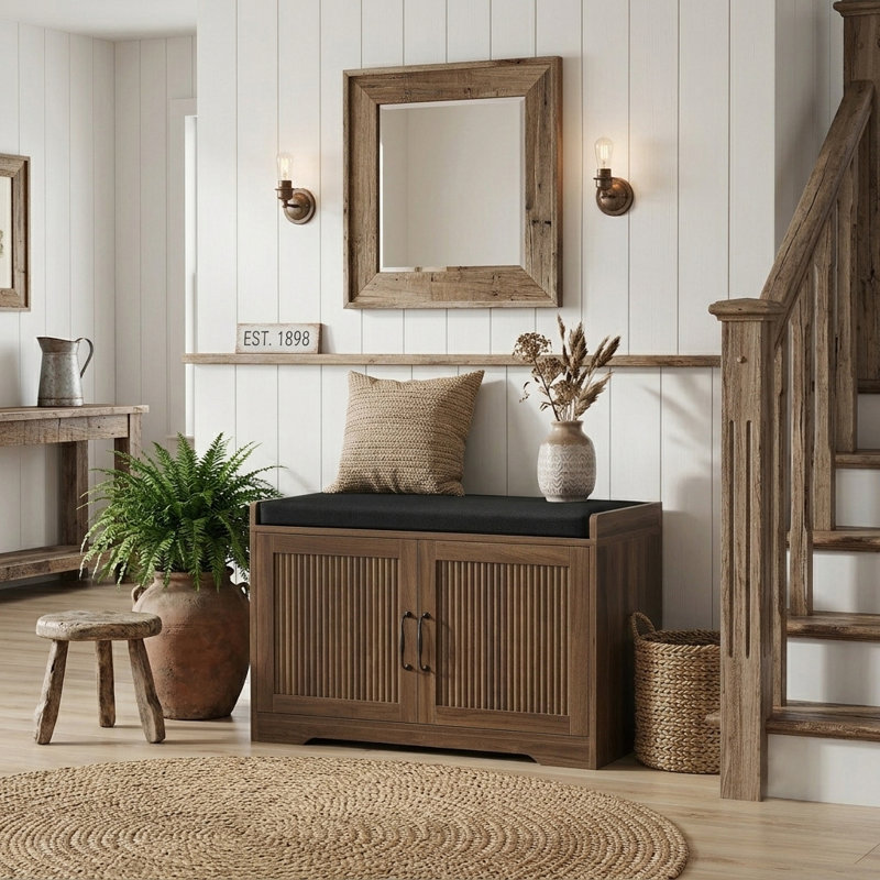 Banc de rangement à chaussures à 2 niveaux avec siège rembourré épaissi et tablette réglable, Walnut, Walnut