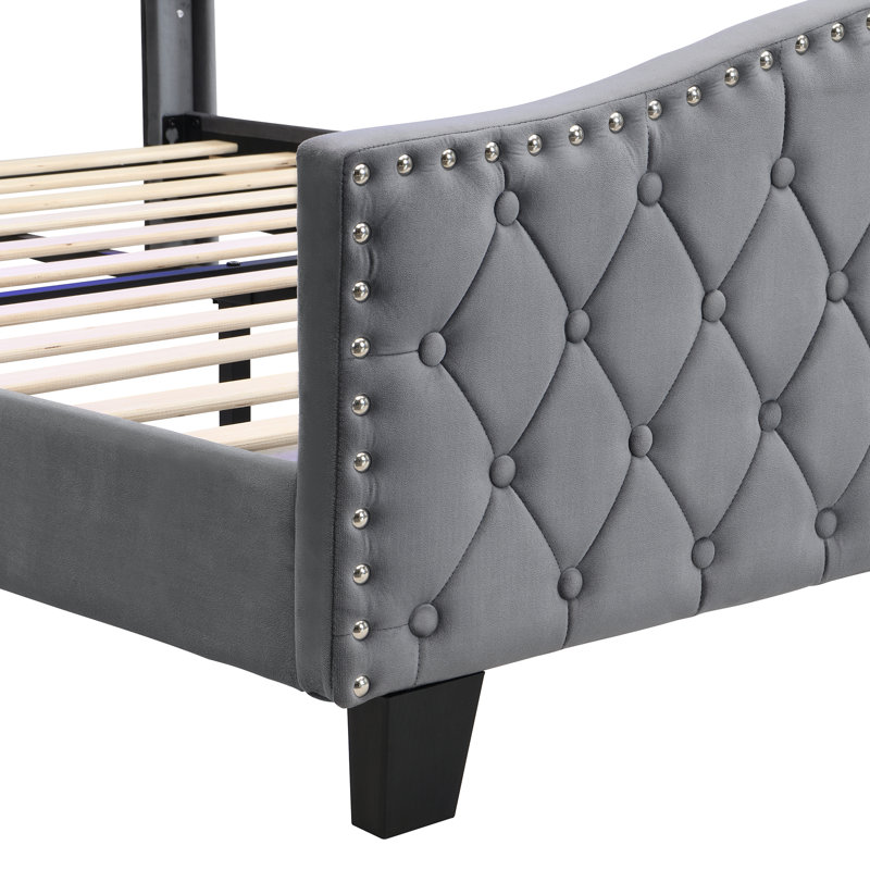 Grey Velvet Upholstered Storage Bed With LED Light, Double (4'6)