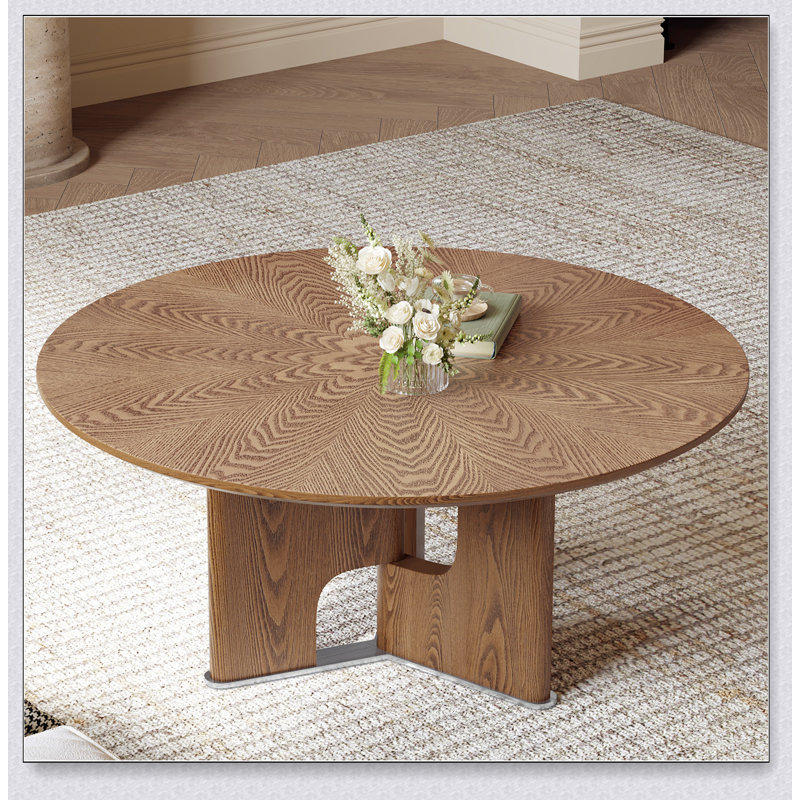 Table basse 31,5 pouces ronde en placage de bois de frêne rustique pour petits salons, élégante et de conception basse