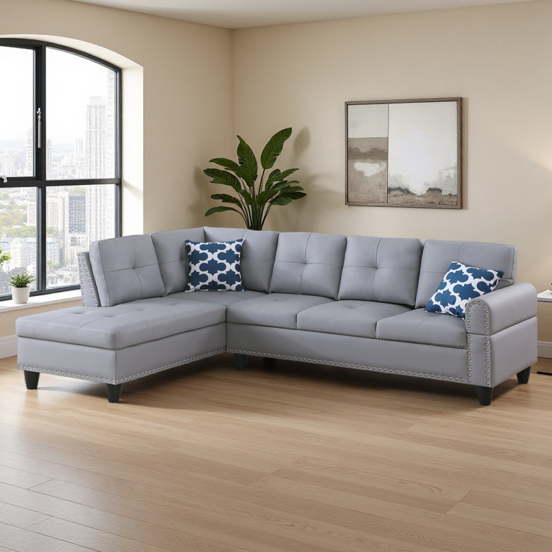 Canapé modulaire en L en similicuir avec rangement et porte-gobelets 2 pièces, Gris