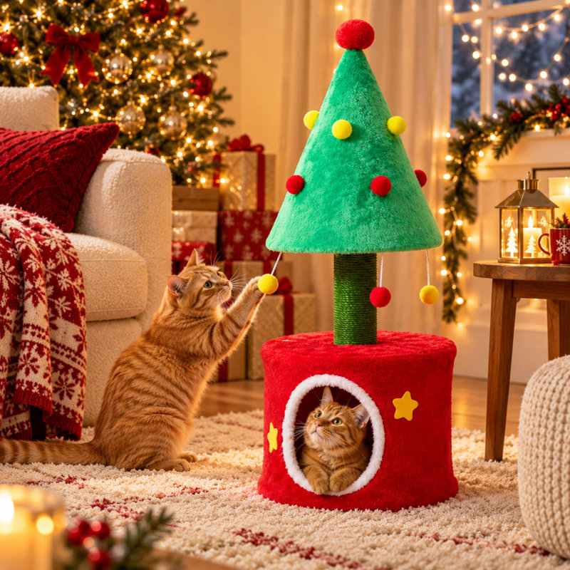 Arbre à chat d'intérieur avec poteaux à griffer en sisal, lit douillet et cachette, vert et rouge
