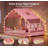  Twin Size Metal House Bed with Roof Windows & Canopy, Floor Bed with Guardrails, Side Shelves and Storage Drawers, Pink-869058515-871805731