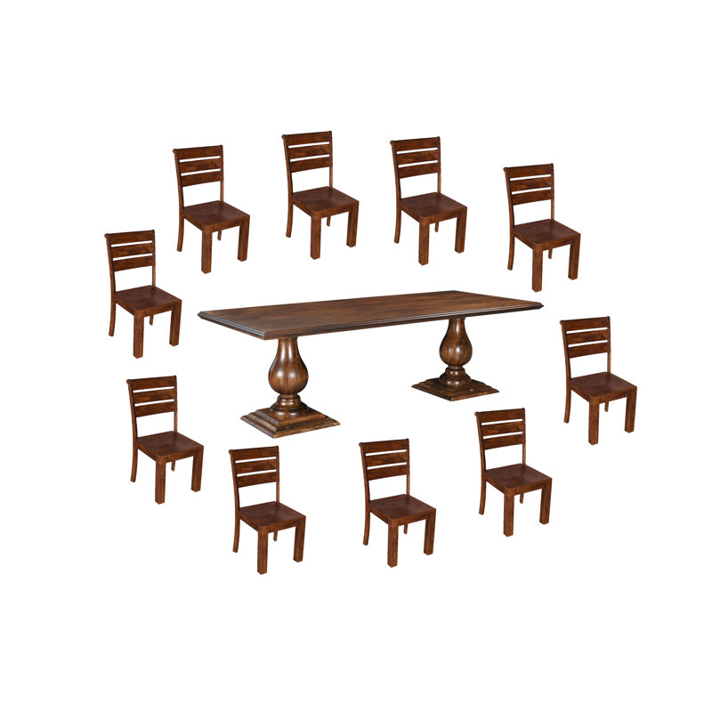 Josiane Solid Wood Top Double Pedestal Dining Set, 30" H x 96" L x 42" W, 11 Pieces: Table, 10 Chairs, Walnut