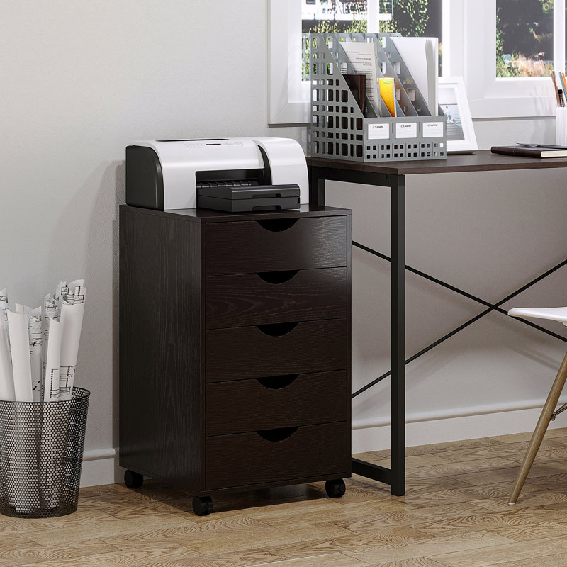 Classeur à cinq tiroirs en bois avec roulettes verrouillables et conception minimaliste moderne pour l'organisation de bureau et le classement de documents