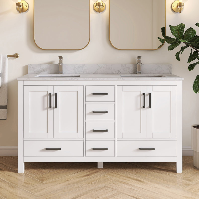 Ensemble de meuble-lavabo double 60 po Aura avec comptoir en granite blanc et dosseret Aura, Blanc, 60"