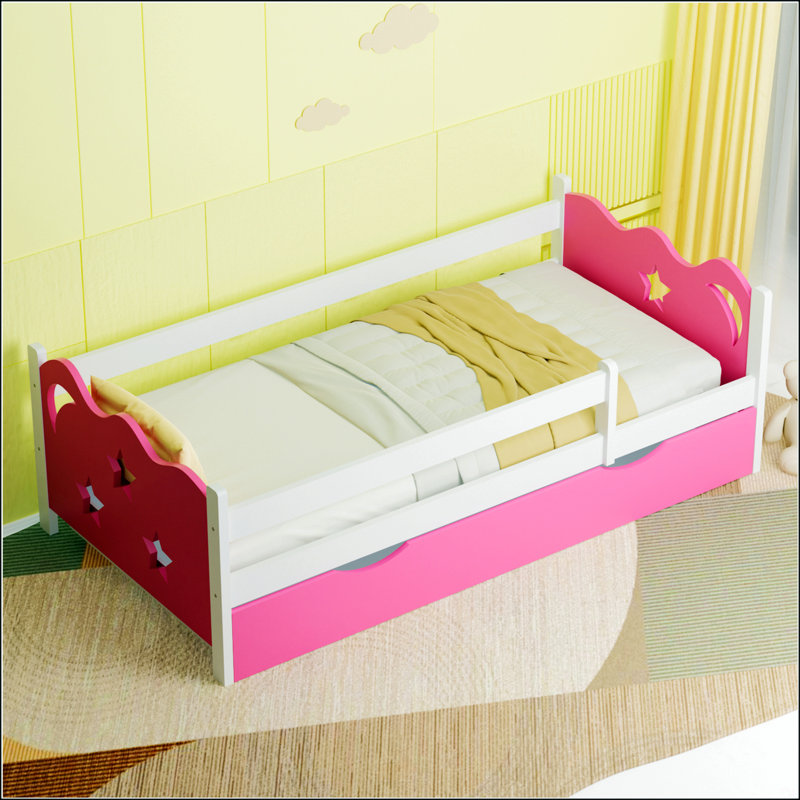 Structure de lit pour enfant robuste en bois et bambou avec décor étoile et lune, support à 8 lattes, aucun sommier requis, assemblage facile