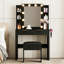 Bureau de maquillage avec 10 ampoules Hollywood, coiffeuse cannelée avec station de charge, 2 tiroirs et 4 tablettes ouvertes, support pour sèche-cheveux, tabouret rembourré avec rangement, noir