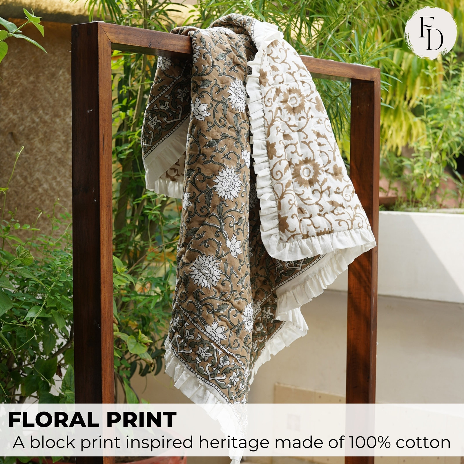 Fabdivine Luxury Block Print Cotton Quilt Floral Boho Bedding for Bedroom & Sofa, King Us, White/Yellow
