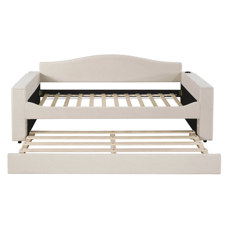 Beige Teddy Fleece Twin Daybed Bluetooth Trundle, Beige, Twin