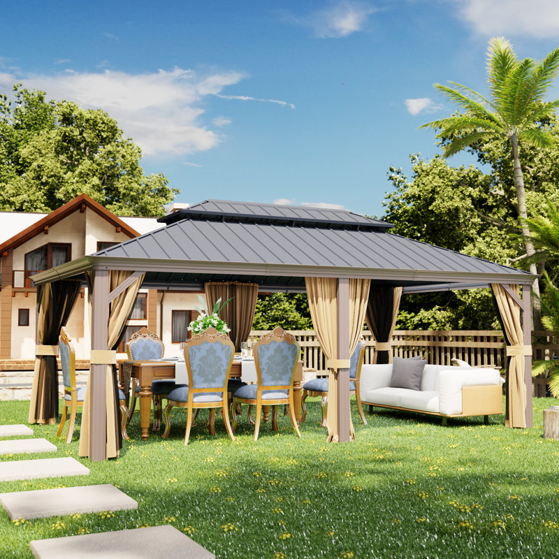 12 x 20ft Hardtop Outdoor Gazebo with Aluminum Frame and Galvanized Steel Double Roof, Mosquito Netting and Privacy Curtains