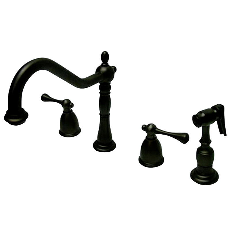 Kingston Brass English Country Double-Handle 4-Hole Widespread Kitchen Faucet with Brass Sprayer, Oil Rubbed Bronze