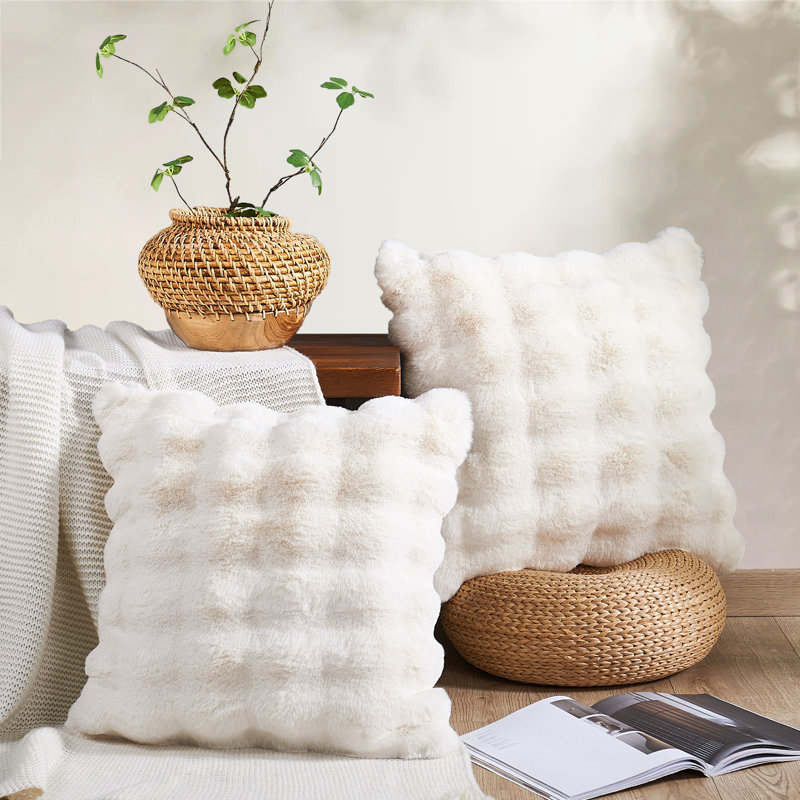 Bubble Textured Faux Fur Throw Pillow Covers, White