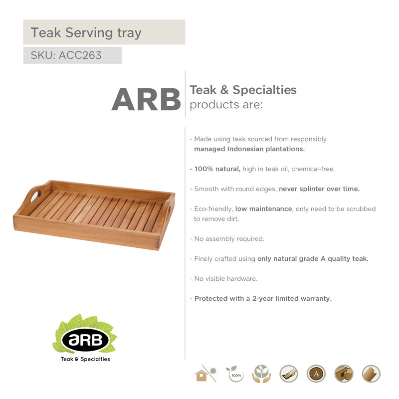 Natural Teak Wood Rectangular Serving Tray with Cut Out Handles