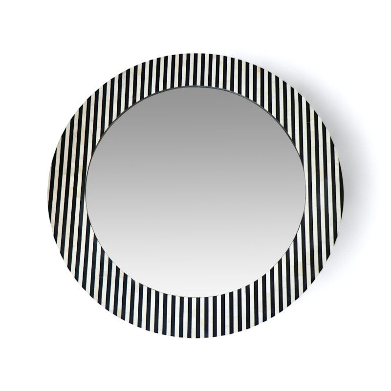 Black & White Striped Round Bone Inlay Mirror