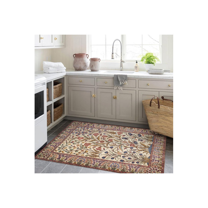 Tapis décoratif multicolore à motif floral et base tissée lavable à la machine, Rectangle 3 pi 3 po x 4 pi 11 po