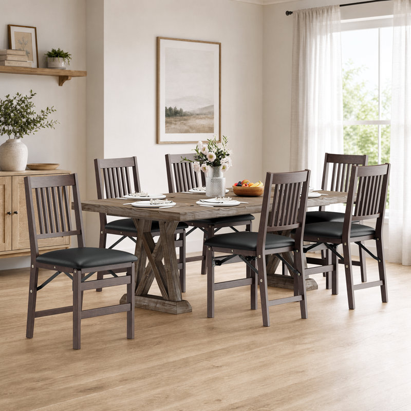 Padded Stackable Folding Dining Chairs with Solid Wood Frame, No Assembly, Leather Black