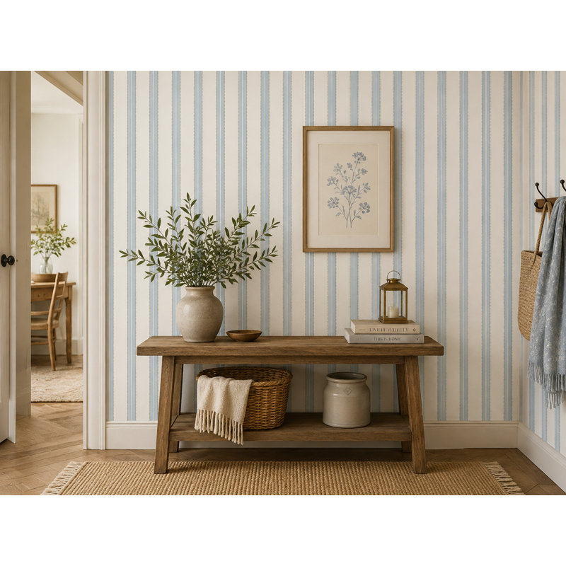Papier peint à rayures verticales festonnées bleu sauge et crème, L 140 x L 90, Vinyle