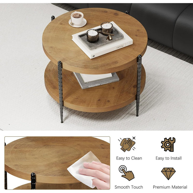 Tables basses rondes pour le salon, table basse circulaire en bois à 2 niveaux avec rangement ouvert et structure en métal, petite table d'appoint pour le bureau à domicile
