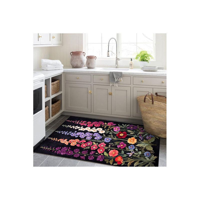 Tapis décoratif moderne noir à motif floral, Sous-tapis rectangulaire de 3 pi 3 po x 4 pi 11 po