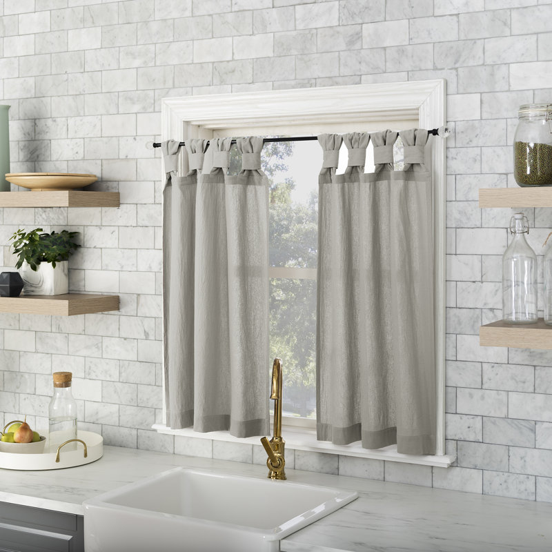 Paire de rideaux de cuisine semi-transparents en coton délavé avec pattes Archaeo Sarro, L 52 po x L 36 po, Argent