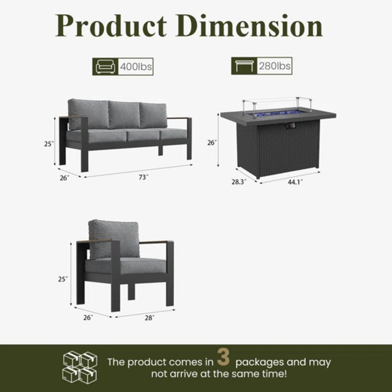  Outdoor Aluminum Furniture Set with Fire Pit Table, Modern Patio Conversation Sets for Porch, Backyard, Dark Grey